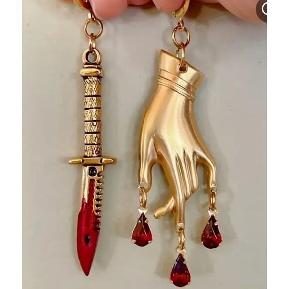 Bloody Dagger and Hand Asymmetric Gold Alloy Earrings Punk Emo Pastel Goth NWT - Picture 3 of 4